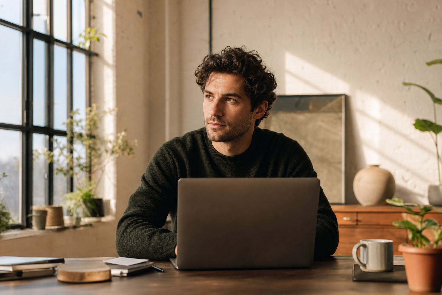 A founder working with focus in a sunlit workspace