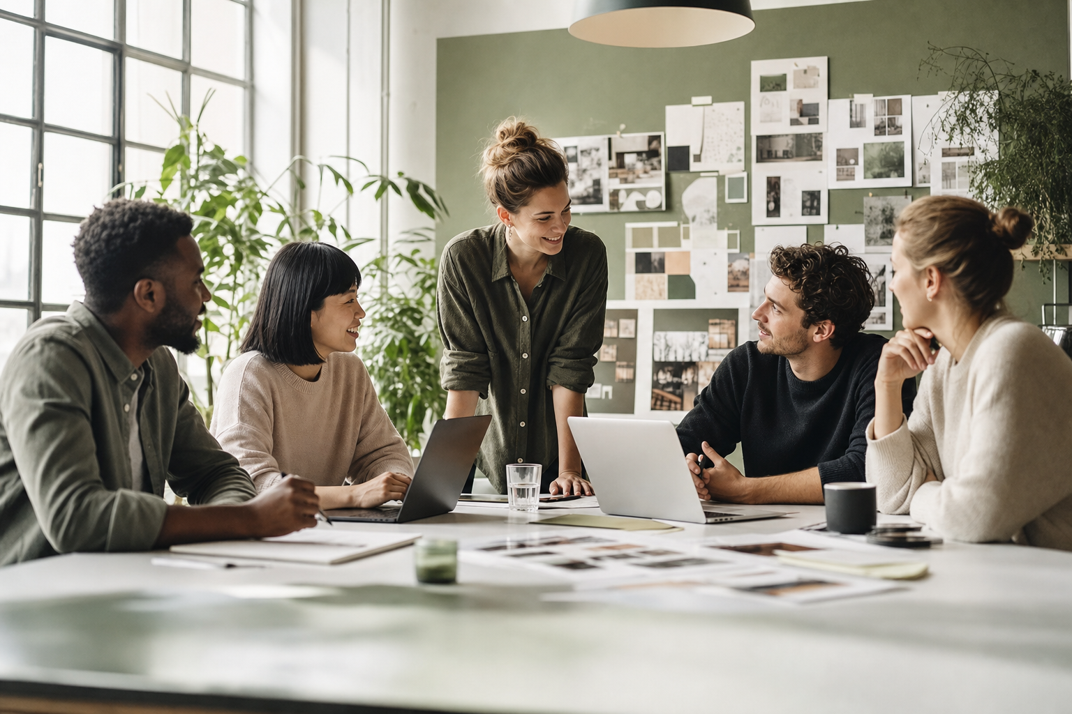 A creative team collaborating in a bright studio